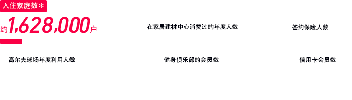 入住家庭数 约1,628,000户 ＊入住过大和房屋工业建造的独栋住宅、租赁住宅、商品房公寓的客户人数。（截至2024年3月31日） 高尔夫球场年度利用人数 约298,000人 在家居建材中心消费过的年度人数 约23,170,000人 健身俱乐部的会员数 约117,000人 信用卡会员数 约323,000人 签约保险人数 约238,000人