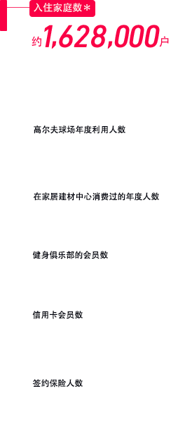 入住家庭数 约1,600,000户 ＊入住过大和房屋工业建造的独栋住宅、租赁住宅、商品房公寓的客户人数。（截至2023年3月31日） 高尔夫球场年度利用人数 约316,000人 在家居建材中心消费过的年度人数 约24,560,000人 健身俱乐部的会员数 约145,000人 信用卡会员数 约353,000人 签约保险人数 约233,000人