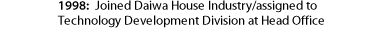 1998: Joined Daiwa House Industry/assigned to Technology Development Division at Head Office