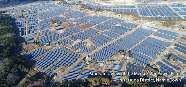 Panoramic view of the Mega Solar Power Plant in Yatsuda District, Namie Town