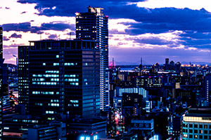 A view of the Osaka cityscape from a guest room window