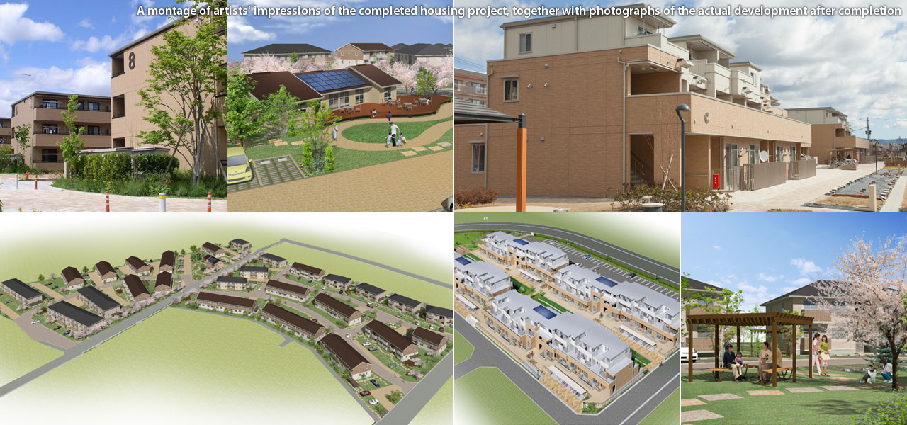 A montage of artists' impressions of the completed housing project, together with photographs of the actual development after completion