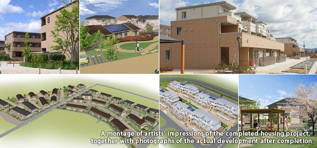 A montage of artists' impressions of the completed housing project, together with photographs of the actual development after completion