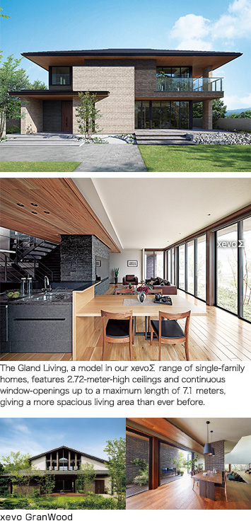 The Gland Living, a model in our xevoΣ range of single-family homes, features 2.72-meter-high ceilings and continuous window-openings up to a maximum length of 7.1 meters, giving a more spacious living area than ever before. xevo GranWood